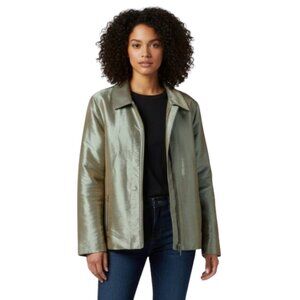 Chico's XL (3) Shimmer Metallic Puffer Jacket Olive Gold Light Zip Up Outerwear